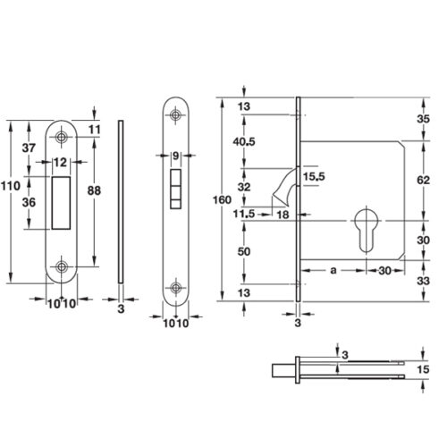 Kích thước của Thân khóa cho cửa trượt đố nhỏ Hafele 911.26.672