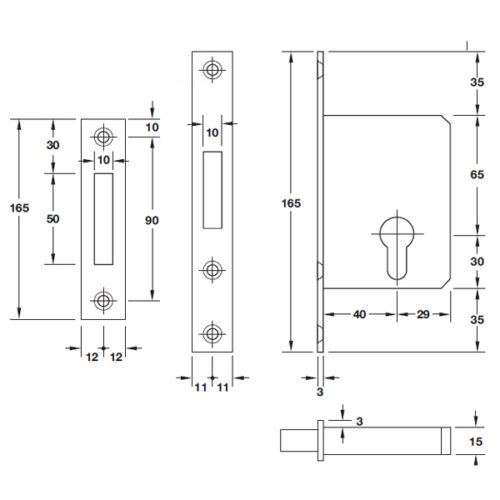 Kích thước của Thân khóa cho cửa trượt Hafele 911.26.277