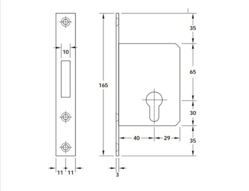 Kích thước của Thân khóa cho cửa trượt Hafele 911.27.261