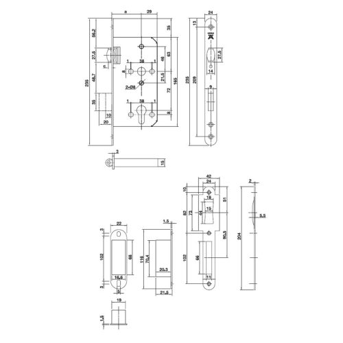 Thân khóa con lăn 55mm Hafele 911.24.068 5 Kích thước của Thân khóa con lăn 55mm Hafele 911.24.068