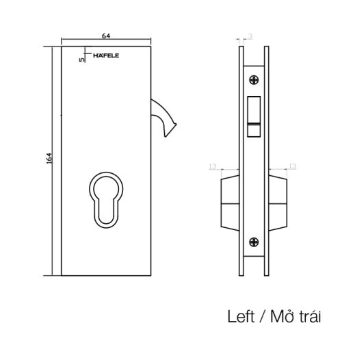Thân khóa cửa trượt kính mở trái Hafele 981.59.100 5 Kích thước của Thân khóa cửa trượt kính mở trái Hafele 981.59.100