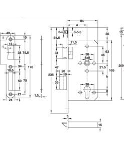 Kích thước của Thân khóa lưỡi gà và chốt chết E55/72A Hafele 911.25.100