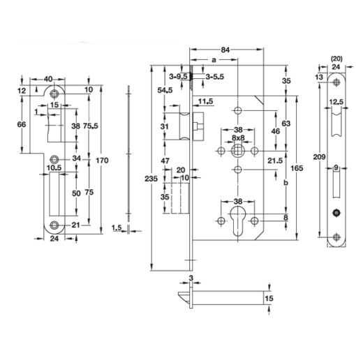 Kích thước của Thân khóa lưỡi gà và chốt chết E55/72A Hafele 911.25.100