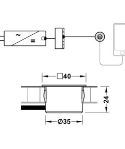 Kích thước của Trạm sạc USB Loox ESC 2001 Hafele 833.73.754