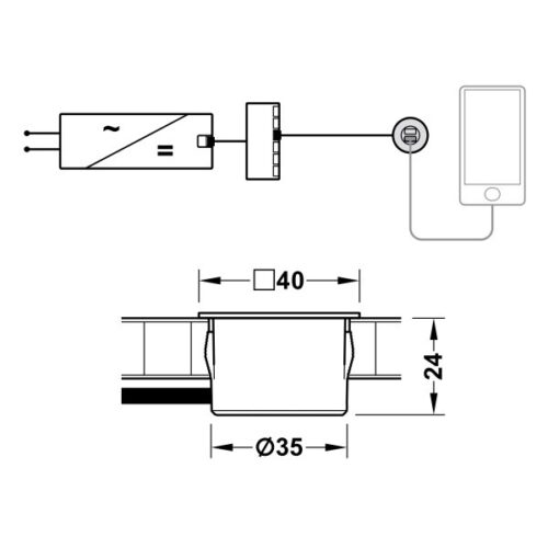 Kích thước của Trạm sạc USB Loox ESC 2001 Hafele 833.73.754