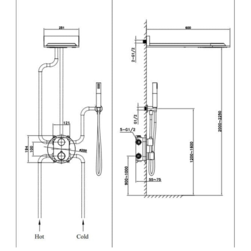 Kích thước sen tắm âm tường nóng lạnh Paul Schmitt PA603W