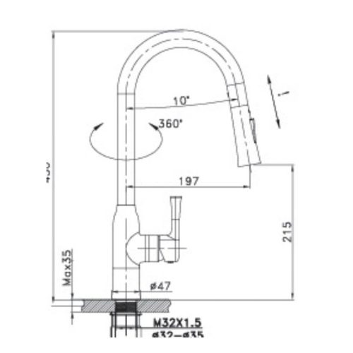 Vòi rửa bát nóng lạnh Paul Schmitt PA302K có dây rút 5 Kích thước vòi rửa bát nóng lạnh Paul Schmitt PA302K có dây rút