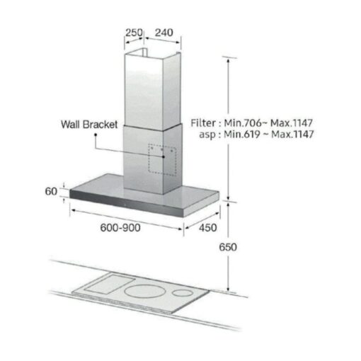 Kích thước máy hút mùi áp tường Samsung NK24M5070BS/UR