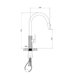 Kích thước vòi rửa bát nóng lạnh Konox Venice Gun Metal có dây rút
