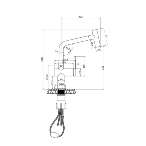 Vòi rửa bát nóng lạnh Konox Volta Black có dây rút 9 Kích thước vòi rửa bát nóng lạnh Konox Volta Black có dây rút