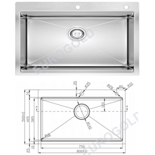 Kích thước chậu rửa bát inox 1 hố Eurogold EUS58050