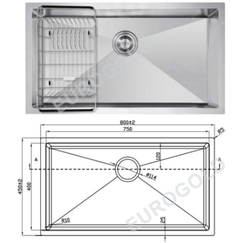 Kích thước chậu rửa bát inox 1 hố Eurogold EUS68045