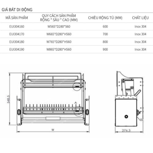 Kích thước giá bát di động Eurogold EUI304190