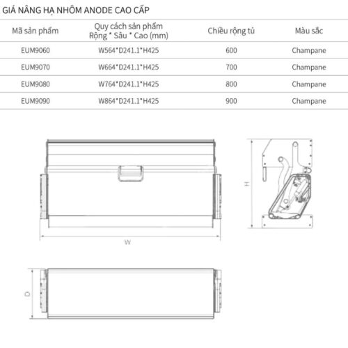 Kích thước giá nâng hạ Eurogold EUM9070