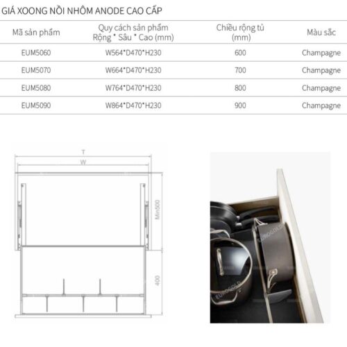 Kích thước giá xoong nồi Eurogold EUM5070