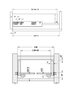 Kích thước ray âm EPC Evo 350mm giảm chấn Hafele 433.32.072