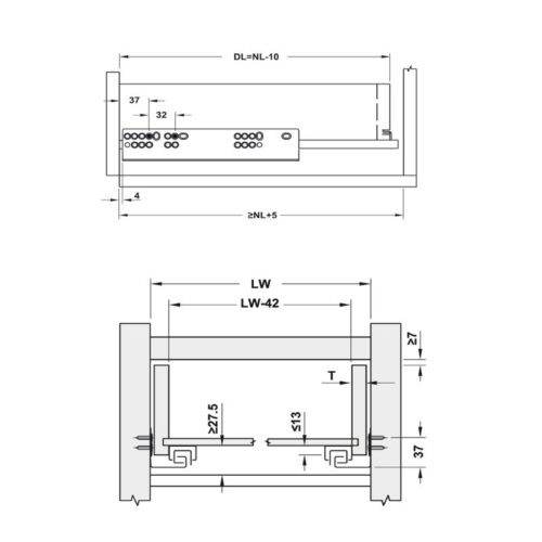 Kích thước ray âm EPC Evo 350mm giảm chấn Hafele 433.32.072