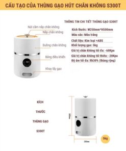 Kích thước thùng gạo thông minh chân không Eurogold S300T