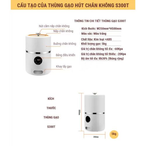 Kích thước thùng gạo thông minh chân không Eurogold S300T