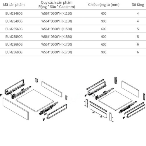 Kích thước tủ kho ngăn kéo độc lập Eurogold EUM23560G