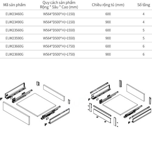 Tủ kho ngăn kéo độc lập Eurogold EUM23590G 5 Kích thước tủ kho ngăn kéo độc lập Eurogold EUM23590G
