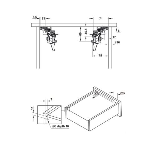 Kích thước ray âm EPC Evo 350mm giảm chấn Hafele 433.32.072