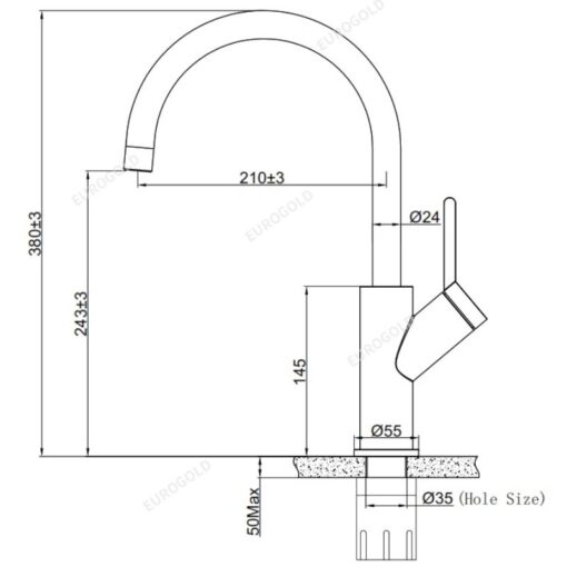 Kích thước vòi rửa bát nóng lạnh Eurogold EUF033D