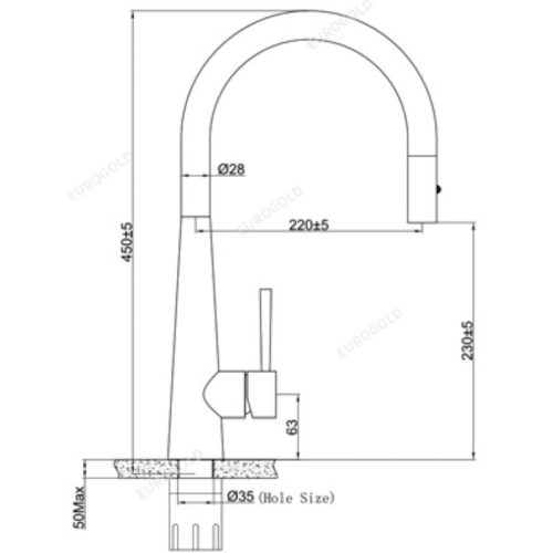 Vòi rửa bát nóng lạnh Eurogold EUF118DR có dây rút 5 Kích thước vòi rửa bát nóng lạnh Eurogold EUF118DR có dây rút
