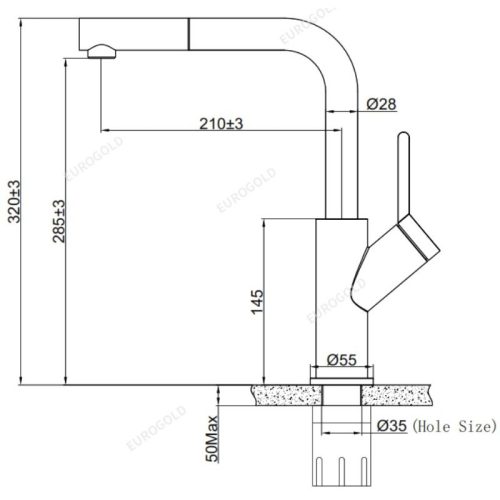 Vòi rửa bát nóng lạnh Eurogold EUF120DR có dây rút 5 Kích thước vòi rửa bát nóng lạnh Eurogold EUF120DR có dây rút