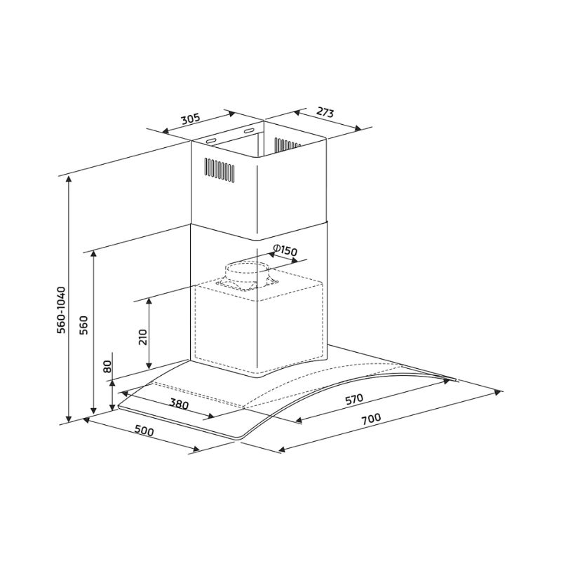 Máy hút mùi áp tường Binova BI-6688EU 4 Kích thước máy hút mùi áp tường Binova BI-6688EU