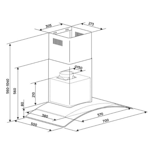 Kích thước máy hút mùi áp tường Binova BI-77-GT-07