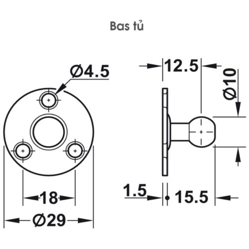 Kích thước pittong đẩy cánh tủ 100N Hafele 373.82.908