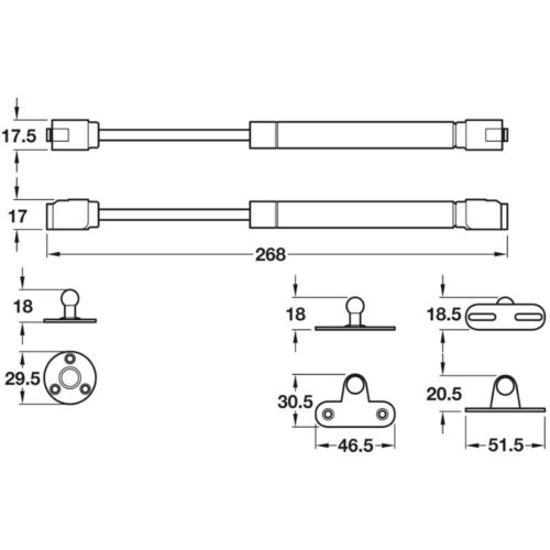 Kích thước pittong đẩy cánh tủ 100N Hafele 373.82.908