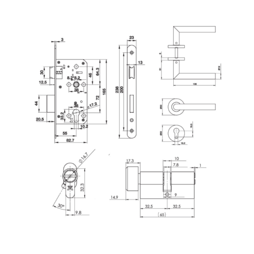 Kích thước bộ khóa cửa tay nắm chụp DIY Hafele 499.62.504