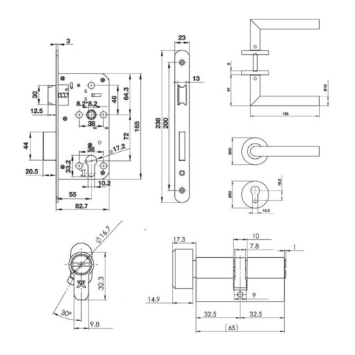 Kích thước bộ khóa tay nắm cửa vệ sinh Hafele 489.10.660