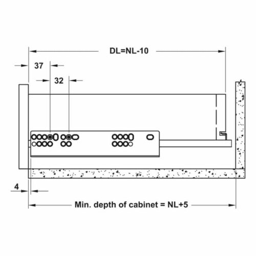 Kích thước ray âm giảm chấn EPC EVO mở 3/4 300mm Hafele 433.32.501