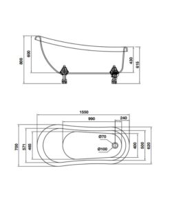 Kích thước bồn tắm độc lập Nagoya 1550 Hafele 588.99.630