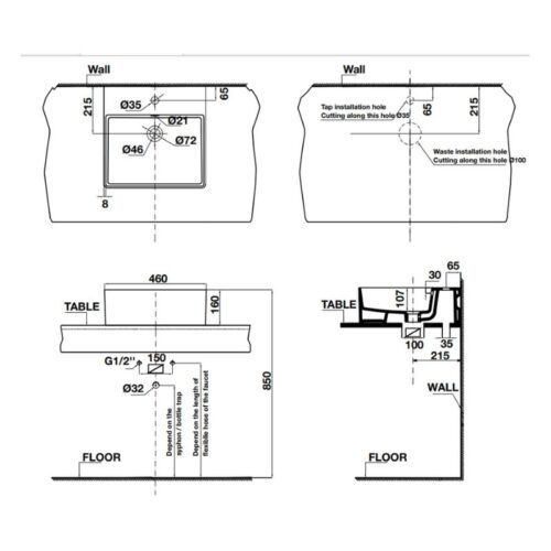 Kích thước chậu lavabo đặt bàn Sapporo 460 Hafele 588.79.002