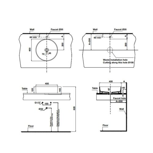 Kích thước chậu lavabo đặt bàn Sapporo Hafele 588.79.060