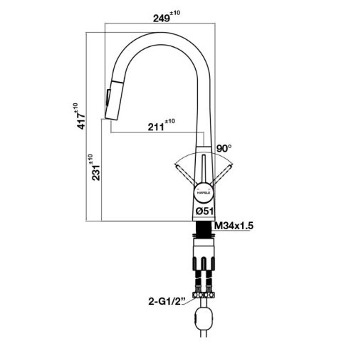 Kích thước vòi rửa bát Hafele HT24-SH1P417-BR 570.85.041 có dây rút