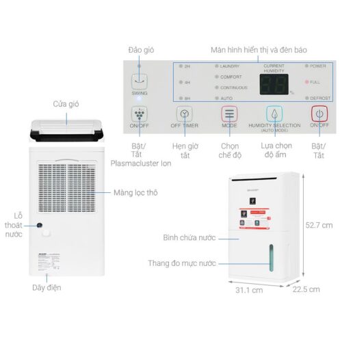 Chi tiết máy lọc không khí và hút ẩm Sharp DW-D12A-W