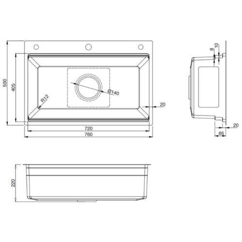 Kích thước chậu rửa bát 1 hố Kluger KWF8161FB-S76