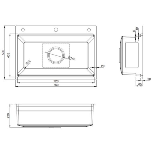 Kích thước chậu rửa bát 1 hố Kluger KWF8161FB-S76 Plus