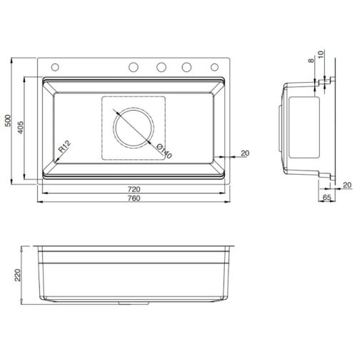 Chậu rửa bát 1 hố Kluger KWF8161FB-S76W 9 Kích thước chậu rửa bát 1 hố Kluger KWF8161FB-S76W