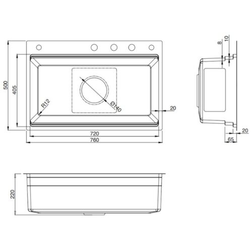 Kích thước chậu rửa bát 1 hố Kluger KWF8161FB-S76W Plus