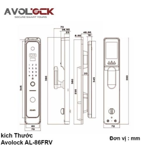 Kích thước khóa cửa thông minh Avolock AL-86FRV-G