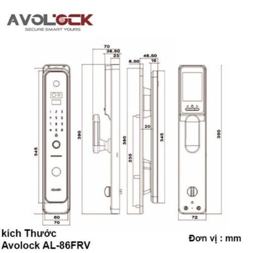 Kích thước khóa cửa thông minh Avolock AL-86FRV-IN