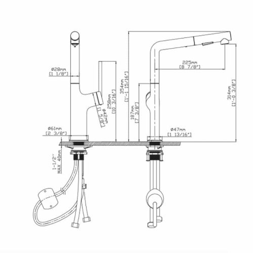 Kích thước vòi rửa bát nóng lạnh Kluger KLF0001B có dây rút