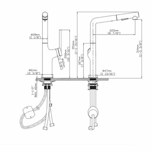 Kích thước vòi rửa bát nóng lạnh Kluger KLF0001C có dây rút