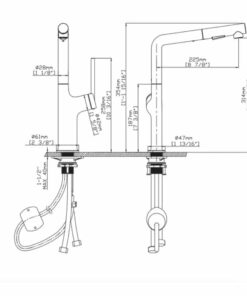 Kích thước vòi rửa bát nóng lạnh Kluger KLF0001S có dây rút